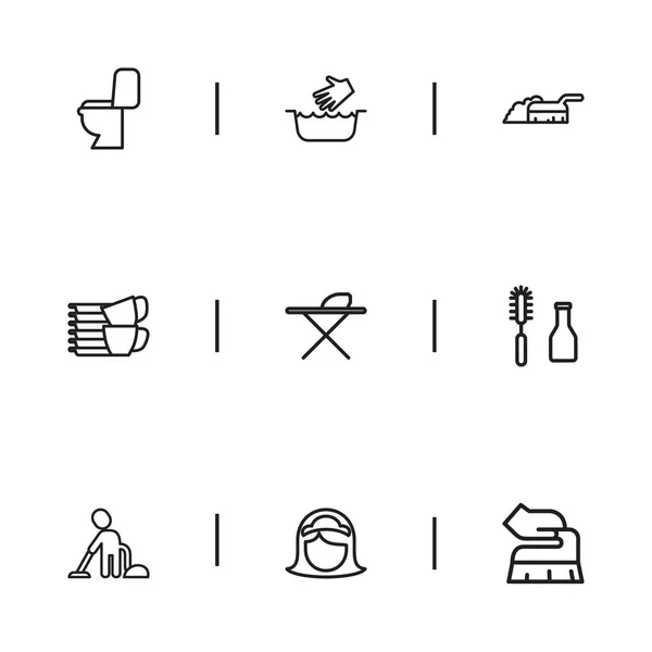 Ensemble de 9 icônes de contour de nettoyage modifiables. Comprend des symboles tels que la femme de ménage, balayage, panneau métallique et plus encore. Peut être utilisé pour le Web, mobile, interface utilisateur et infographie . — Image vectorielle