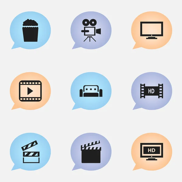 Ensemble de 9 icônes de film modifiables. Comprend des symboles tels que la bande Hd, Record Cam, écran Hd et plus. Peut être utilisé pour le Web, mobile, interface utilisateur et infographie . — Image vectorielle