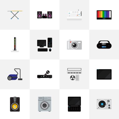 16 düzenlenebilir Tech düz simgeler kümesi. Defter, kaset çalar, fotoğraf makinesi ve daha fazlası gibi simgeler içerir. Web, mobil, UI ve Infographic tasarımı için kullanılabilir.