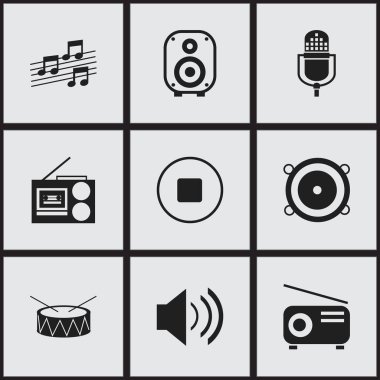 9 düzenlenebilir müzik simgeler kümesi. Medya Fm gibi simgeler kaset çalar, ses ve daha fazlasını içerir. Web, mobil, UI ve Infographic tasarımı için kullanılabilir.