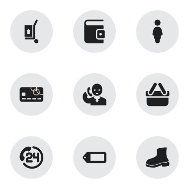 9 düzenlenebilir alışveriş simgeler kümesi. Cüzdan, çantası, yük teslimat ve daha fazla alışveriş gibi simgeler içerir. Web, mobil, UI ve Infographic tasarımı için kullanılabilir.