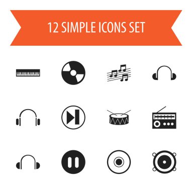 12 düzenlenebilir ses simgeler kümesi. Müzik işareti, disk, Cd vb. gibi simgeler içerir. Web, mobil, UI ve Infographic tasarımı için kullanılabilir.