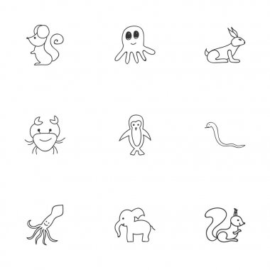 9 düzenlenebilir hayvan karalamalar kümesi. Yılan, fil ve fare gibi simgeler içerir. Web, mobil, UI ve Infographic tasarımı için kullanılabilir.