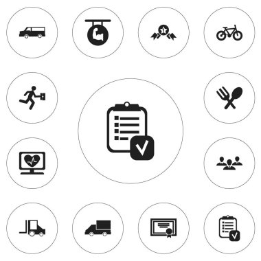 12 düzenlenebilir karışık simgeler kümesi. İşadamı, Van, çatal bıçak takımı ve daha fazlası gibi simgeler içerir. Web, mobil, UI ve Infographic tasarımı için kullanılabilir.