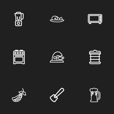 9 düzenlenebilir pişirme anahat simgeler kümesi. Bezelye, mikrodalga ve mikser gibi simgeler içerir. Web, mobil, UI ve Infographic tasarımı için kullanılabilir.