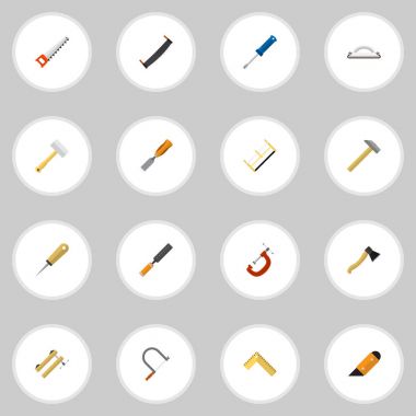 16 düzenlenebilir enstrüman düz simgeler kümesi. Kelepçe, kucaklamak ve gördüm gibi simgeler içerir. Web, mobil, UI ve Infographic tasarımı için kullanılabilir.