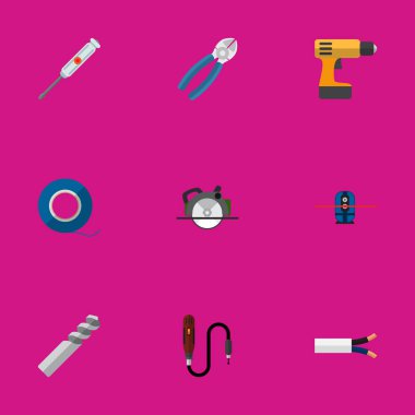 9 düzenlenebilir elektrik düz simgeler kümesi. Geodesist, kablo, Nipper ve daha fazlası gibi simgeler içerir. Web, mobil, UI ve Infographic tasarımı için kullanılabilir.