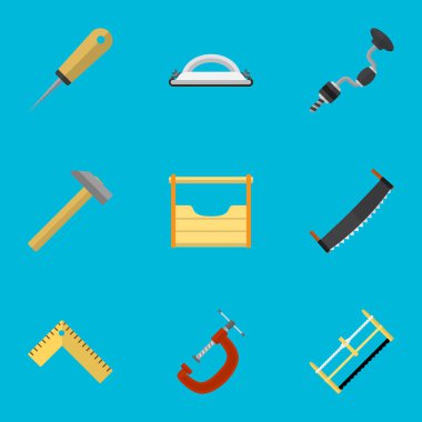 9 düzenlenebilir araçlar düz simgeler kümesi. Boer, Bodkin, metre ve daha fazla gibi simgeler içerir. Web, mobil, UI ve Infographic tasarımı için kullanılabilir.