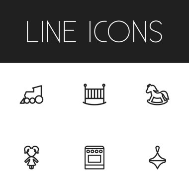 6 düzenlenebilir aile anahat simgeler kümesi. Karyola, soba, lokomotif ve daha fazlası gibi simgeler içerir. Web, mobil, UI ve Infographic tasarımı için kullanılabilir.