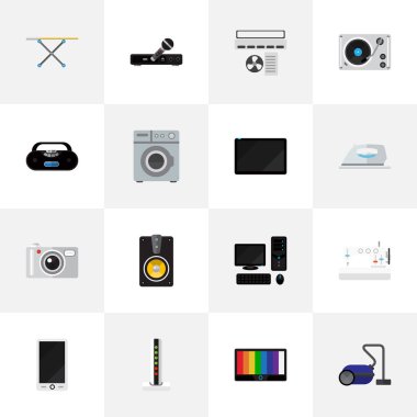 16 düzenlenebilir ev düz simgeler kümesi. Avuçiçi, kaset çalar, dikiş makinesi ve daha fazlası gibi simgeler içerir. Web, mobil, UI ve Infographic tasarımı için kullanılabilir.