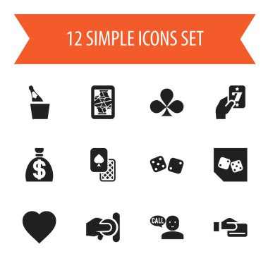 12 düzenlenebilir iş simgeler kümesi. Küp, Blackjack, kumar gibi semboller içeren konuşmak ve daha fazlası. Web, mobil, UI ve Infographic tasarımı için kullanılabilir.
