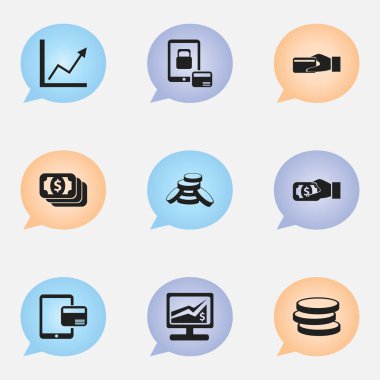 9 düzenlenebilir finansal simgeler kümesi. Market, Internet satış, istatistik ve daha fazlası gibi simgeler içerir. Web, mobil, UI ve Infographic tasarımı için kullanılabilir.