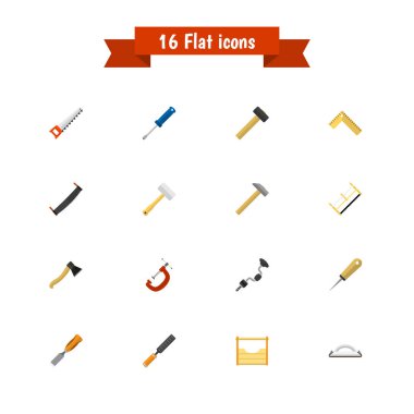 16 düzenlenebilir enstrüman düz simgeler kümesi. Kucaklamak, aracı, testere ve daha fazlası gibi simgeler içerir. Web, mobil, UI ve Infographic tasarımı için kullanılabilir.