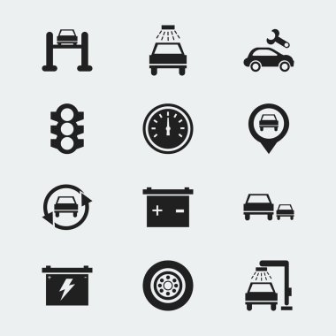 12 düzenlenebilir araba simgeler kümesi. Trafik ışığı, lastik, akü ve daha fazla gibi simgeler içerir. Web, mobil, UI ve Infographic tasarımı için kullanılabilir.
