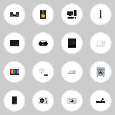 16 düzenlenebilir teknoloji düz simgeler kümesi. Kaset çalar, ekran, Stereo sistemi ve daha fazlası gibi simgeler içerir. Web, mobil, UI ve Infographic tasarımı için kullanılabilir.