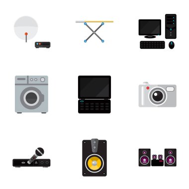9 düzenlenebilir Tech düz simgeler kümesi. Kişisel bilgisayar, kamera, anten ve daha fazlası gibi simgeler içerir. Web, mobil, UI ve Infographic tasarımı için kullanılabilir.