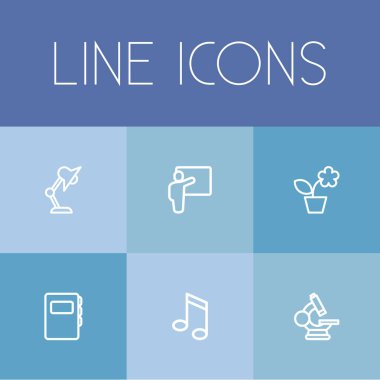 6 düzenlenebilir eğitim anahat simgeleri ayarlayın. Müzik işareti, mercek, seminer ve daha fazlası gibi simgeler içerir. Web, mobil, UI ve Infographic tasarımı için kullanılabilir.