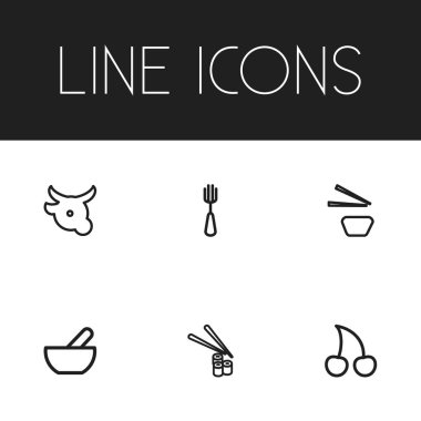 6 düzenlenebilir gıda anahat simgeleri ayarlayın. Gümüş, suşi rulo, çanak ve daha fazlası gibi simgeler içerir. Web, mobil, UI ve Infographic tasarımı için kullanılabilir.