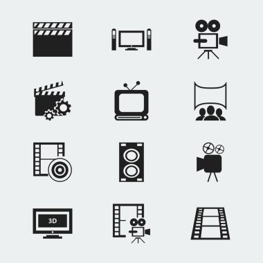 12 düzenlenebilir sinema simgeler kümesi. Gösteri, bölüm, kayıt Cam ve daha fazlası gibi simgeler içerir. Web, mobil, UI ve Infographic tasarımı için kullanılabilir.