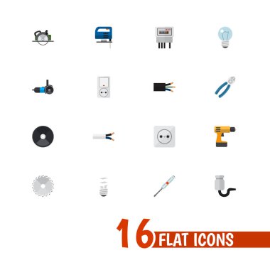 16 düzenlenebilir elektrik düz simgeler kümesi. Simgeleri Nipper gibi Turn-vida, tel ve daha fazlasını içerir. Web, mobil, UI ve Infographic tasarımı için kullanılabilir.
