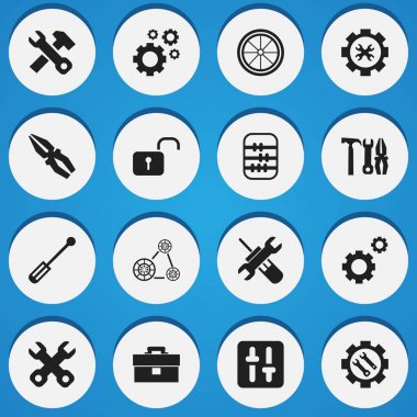 16 düzenlenebilir aracı simgeler kümesi. Ayarlar, anahtar, düzeltme aracı ve daha fazlası gibi simgeler içerir. Web, mobil, UI ve Infographic tasarımı için kullanılabilir.