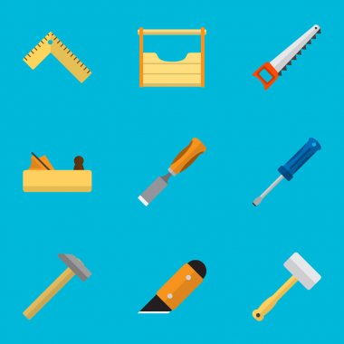 9 düzenlenebilir enstrüman düz simgeler kümesi. Bıçak gibi simgeler dönüş-vida, metre ve daha içerir. Web, mobil, UI ve Infographic tasarımı için kullanılabilir.