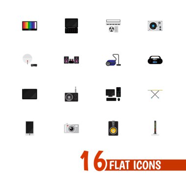 16 düzenlenebilir teknoloji düz simgeler kümesi. Anten, kaset çalar, Stereo sistemi ve daha fazlası gibi simgeler içerir. Web, mobil, UI ve Infographic tasarımı için kullanılabilir.