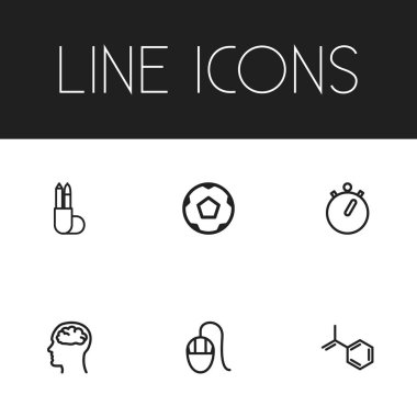 6 düzenlenebilir eğitim anahat simgeleri ayarlayın. Top, kimyasal, kronometre ve daha fazlası gibi simgeler içerir. Web, mobil, UI ve Infographic tasarımı için kullanılabilir.