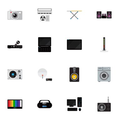 16 düzenlenebilir ev düz simgeler kümesi. Çamaşırhanede, fotoğraf makinesi, kişisel bilgisayar ve daha fazlası gibi simgeler içerir. Web, mobil, UI ve Infographic tasarımı için kullanılabilir.
