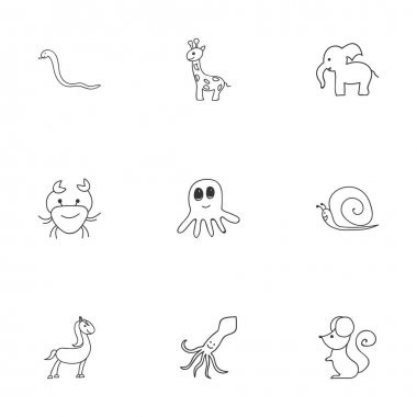 9 düzenlenebilir hayvan karalamalar kümesi. Sülük, uzun boylu hayvan, kanser ve daha fazlası gibi simgeler içerir. Web, mobil, UI ve Infographic tasarımı için kullanılabilir.
