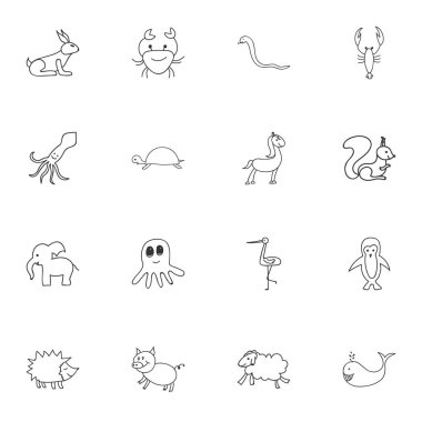 16 düzenlenebilir zooloji karalamalar kümesi. Tavşan, kalamar, dokunaç ve daha fazlası gibi simgeler içerir. Web, mobil, UI ve Infographic tasarımı için kullanılabilir.