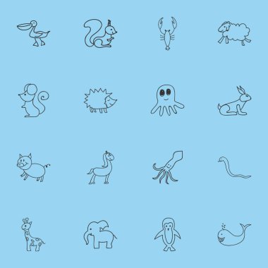 16 düzenlenebilir hayvan karalamalar kümesi. Sincap, uzun boylu hayvan, yılan ve daha fazlası gibi simgeler içerir. Web, mobil, UI ve Infographic tasarımı için kullanılabilir.