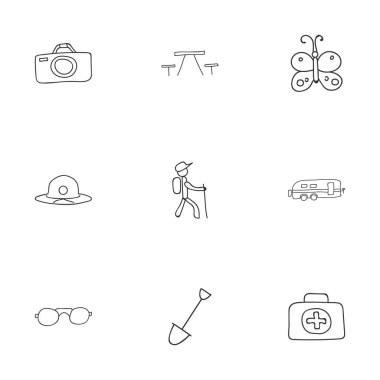 9 düzenlenebilir kamp karalamalar kümesi. Sembolleri Fotoğrafçılık, tıbbi kiti gibi kürek ve daha fazlasını içerir. Web, mobil, UI ve Infographic tasarımı için kullanılabilir.