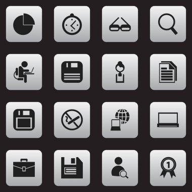 16 düzenlenebilir Bürosu simgeler kümesi. Sigara yasak, monitör, portföy ve daha fazlası gibi simgeler içerir. Web, mobil, UI ve Infographic tasarımı için kullanılabilir.