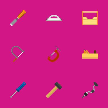 9 düzenlenebilir araçlar düz simgeler kümesi. Zımpara kağıdı, Jointer, Bit ve daha fazlası gibi simgeler içerir. Web, mobil, UI ve Infographic tasarımı için kullanılabilir.