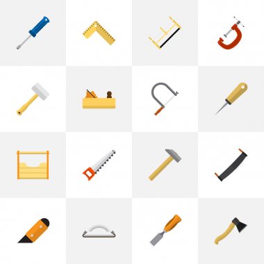 16 düzenlenebilir ekipman düz simgeler kümesi. Jointer, bıçak, zımpara kağıdı ve daha fazlası gibi simgeler içerir. Web, mobil, UI ve Infographic tasarımı için kullanılabilir.