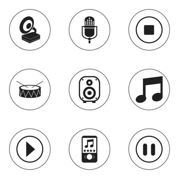 Set van 9 bewerkbare lied iconen. Bevat symbolen zoals microfoon, pauze muziek, spreker en meer. Kan worden gebruikt voor Web, Mobile, Ui en Infographic Design. — Stockvector