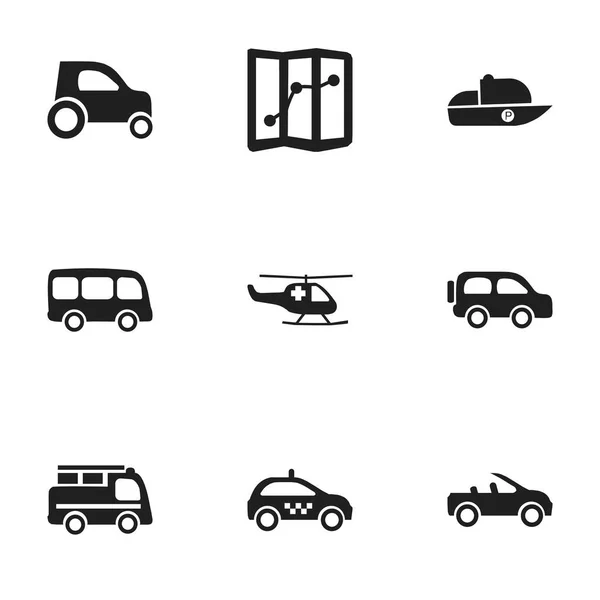 Zestaw 9 ikon edycji przesyłki. Zawiera symbole, takie jak części samochodów, przewóz, awaryjny helikopter i więcej. Mogą być używane dla sieci Web, mobilnych, interfejsu użytkownika i Infographic Design. — Wektor stockowy