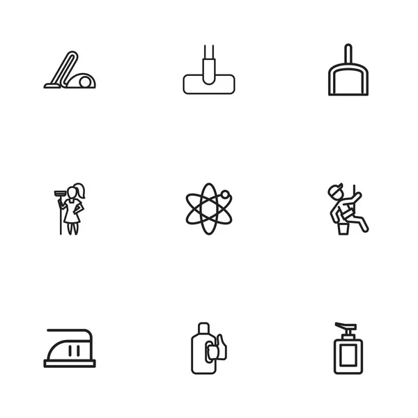 Conjunto de 9 iconos de contorno de higiene editables. Incluye símbolos como blanqueador, barrendero, Hoover y más. Puede ser utilizado para el diseño de la tela, móvil, interfaz de usuario e infografía . — Archivo Imágenes Vectoriales