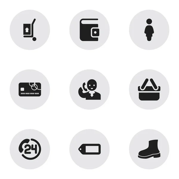 Zestaw 9 edycji ikon handlowych. Zawiera symbole, takie jak portfel, zakupy w przypadku dostawy towarów i więcej. Mogą być używane dla sieci Web, mobilnych, interfejsu użytkownika i Infographic Design. — Wektor stockowy