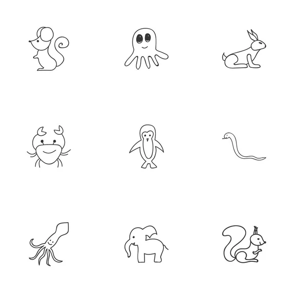 Set de 9 Doodles de Animales Editable. Incluye símbolos como la serpiente, el elefante, la rata y más. Puede ser utilizado para el diseño de la tela, móvil, interfaz de usuario e infografía . — Vector de stock
