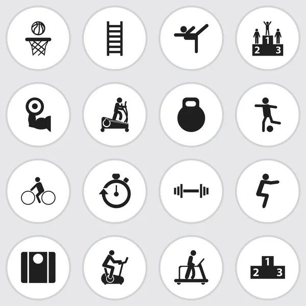 Set van 16 bewerkbare Fitness iconen. Bevat symbolen zoals evenwicht, instructie man, concurrentie en meer. Kan worden gebruikt voor Web, Mobile, Ui en Infographic Design. — Stockvector