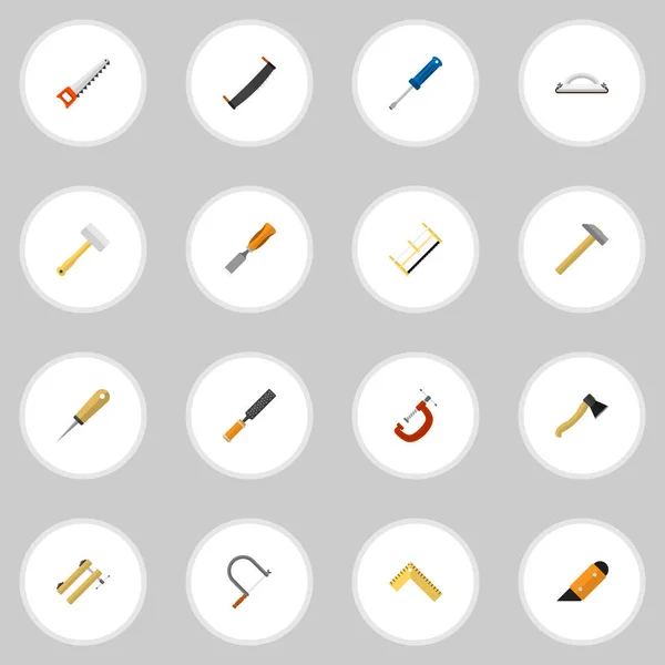 Set de 16 iconos planos de instrumentos editables. Incluye símbolos tales como abrazadera, Clinch, sierra y más. Puede ser utilizado para el diseño de la tela, móvil, interfaz de usuario e infografía . — Archivo Imágenes Vectoriales