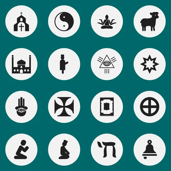 Set de 16 iconos de Dyne editables. Incluye símbolos como alfombra musulmana, Orison, Buddha y más. Puede ser utilizado para el diseño de la tela, móvil, interfaz de usuario e infografía . — Archivo Imágenes Vectoriales