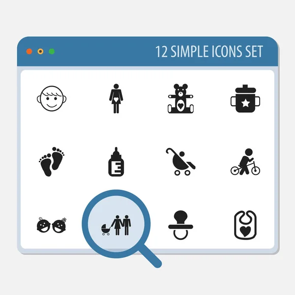 12 可编辑孩子图标集。包括脚踏车、 婴儿车、 双胞胎婴儿等符号。可用于 Web、 移动、 Ui 和数据图表设计. — 图库矢量图片
