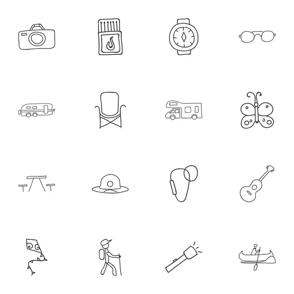 Set 16 bewerkbare Camping Doodles. Bevat symbolen zoals Picnic, strand-hoed, muziekinstrumenten en meer. Kan worden gebruikt voor Web, Mobile, Ui en Infographic Design. — Stockvector