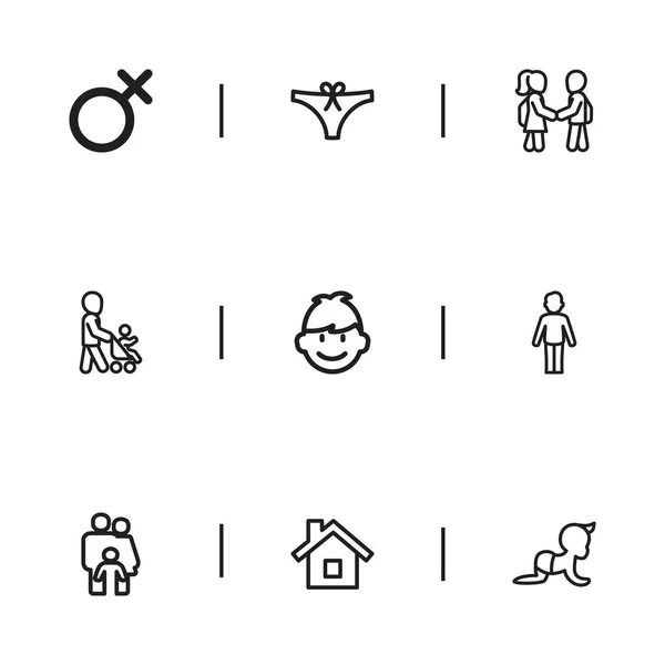 Conjunto de 9 iconos de contorno de Kin editables. Incluye símbolos como amigos, hijo, signo femenino y más. Puede ser utilizado para el diseño de la tela, móvil, interfaz de usuario e infografía . — Vector de stock