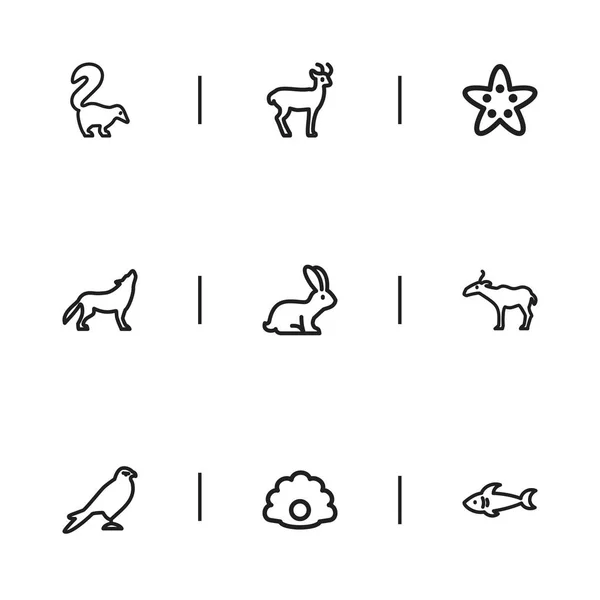 Ensemble de 9 icônes de contour de zoologie modifiables. Comprend des symboles tels que loup, lapin, étoile de mer et plus encore. Peut être utilisé pour le Web, mobile, interface utilisateur et infographie . — Image vectorielle