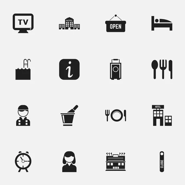 Set van 16 bewerkbare reizen iconen. Bevat symbolen zoals Monitor, informatiebord, Alarm en meer. Kan worden gebruikt voor Web, Mobile, Ui en Infographic Design. — Stockvector