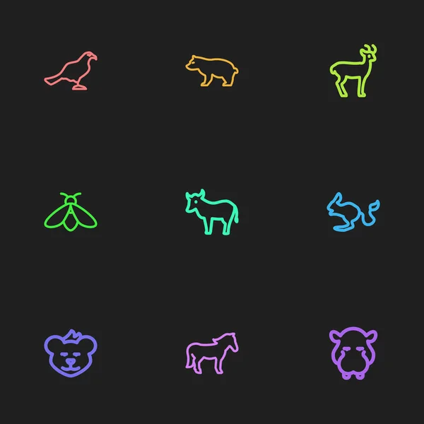 Set Of 9 Editable Animal Outline Icons. Includes Symbols Such As Deer, Hippo, Ocean Mew And More. Can Be Used For Web, Mobile, UI And Infographic Design. — Stock Vector